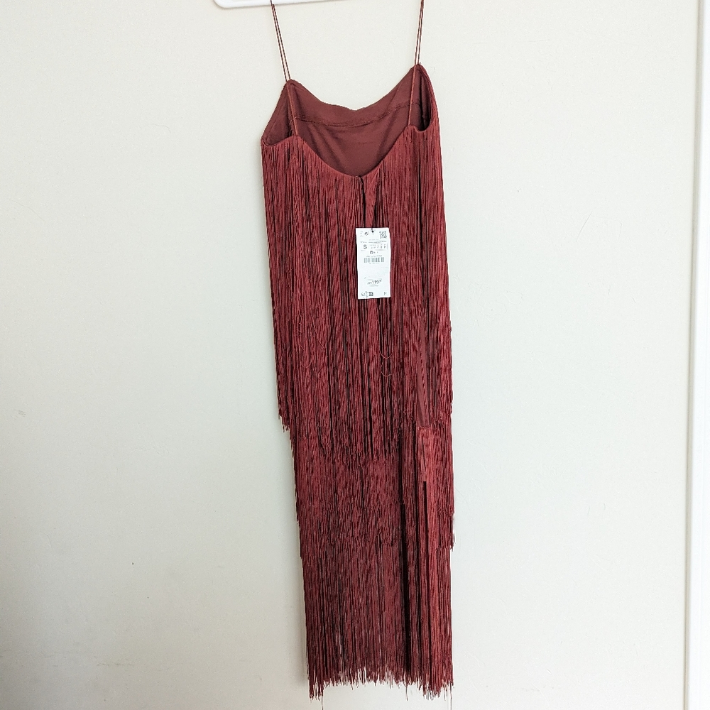 ZARA FRINGE KNIT MIDI DRESS BROWN S M NWT - Picture 10 of 10